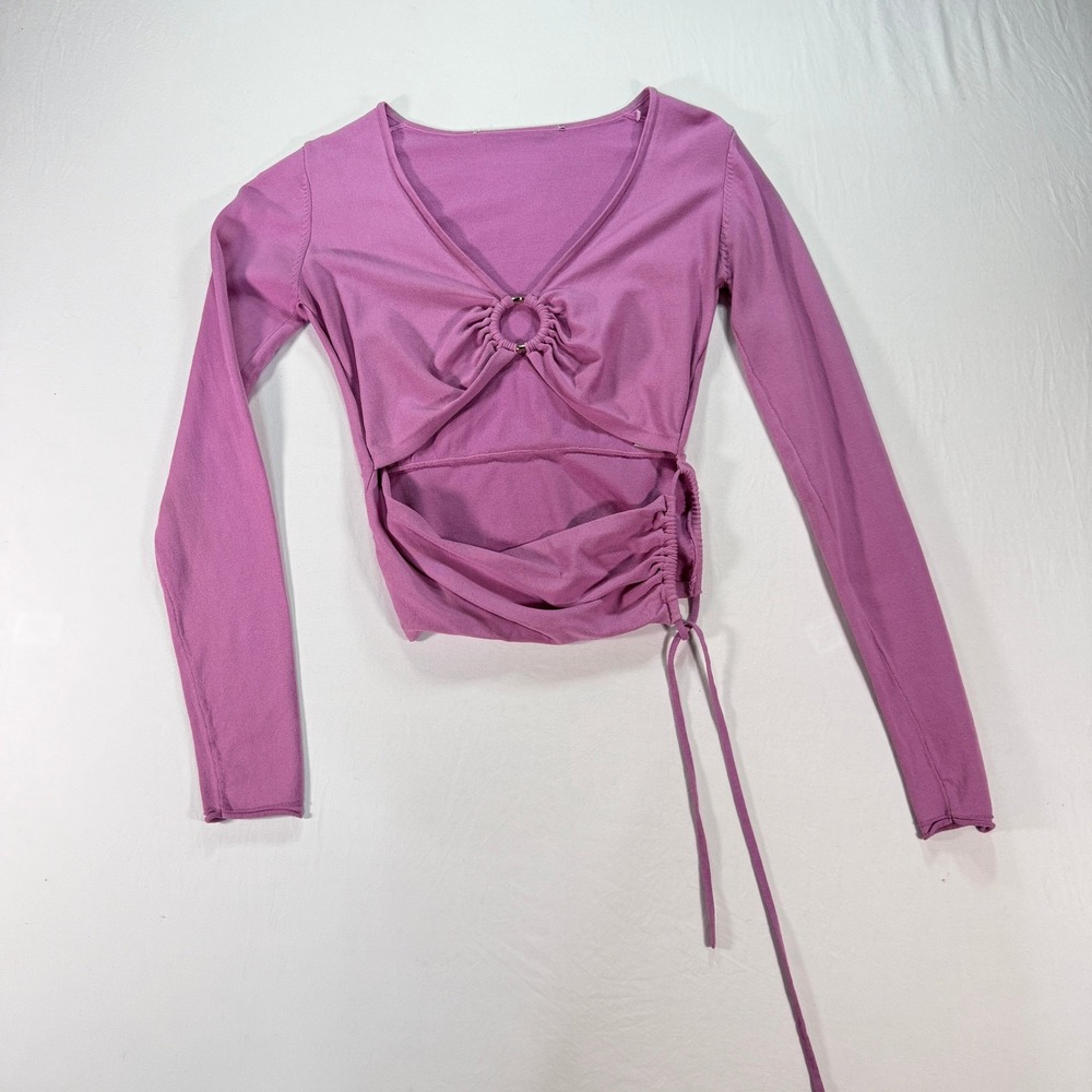 Zara Pink Knit Cut Out Ring Top Women's Small Long Sleeve Ruched Side Drawstring